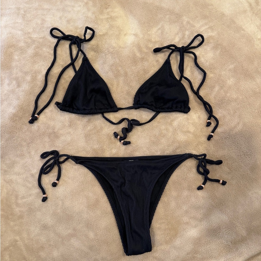 SOLD White Fox Boutique Black Tie-Side Ribbed Triangle Bikini Set